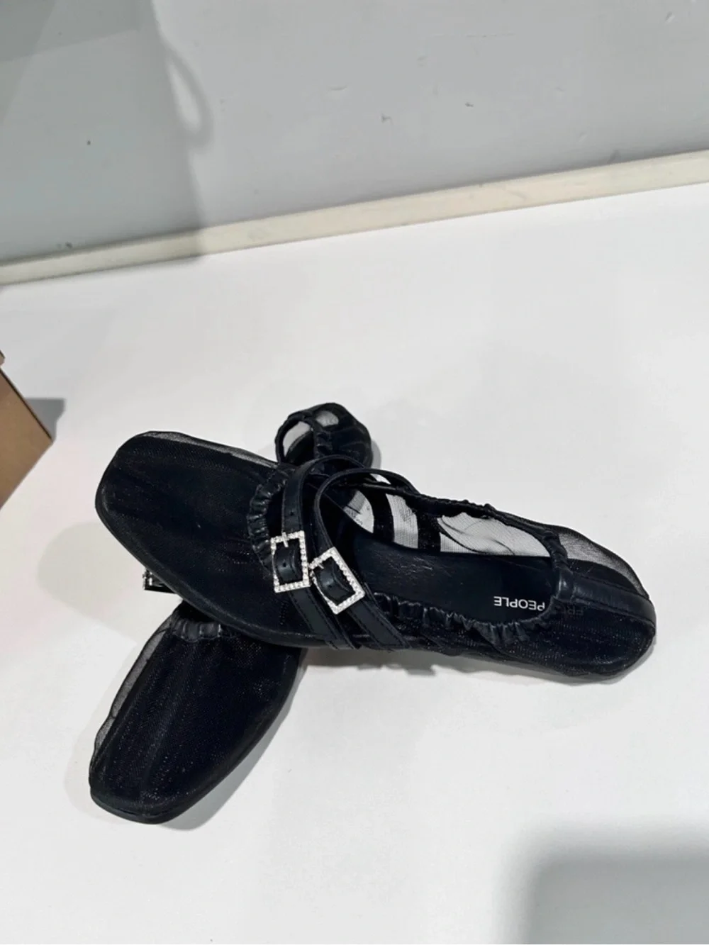 Free people Black Square-Toe Mary Jane Flats with Crystal Buckle Straps